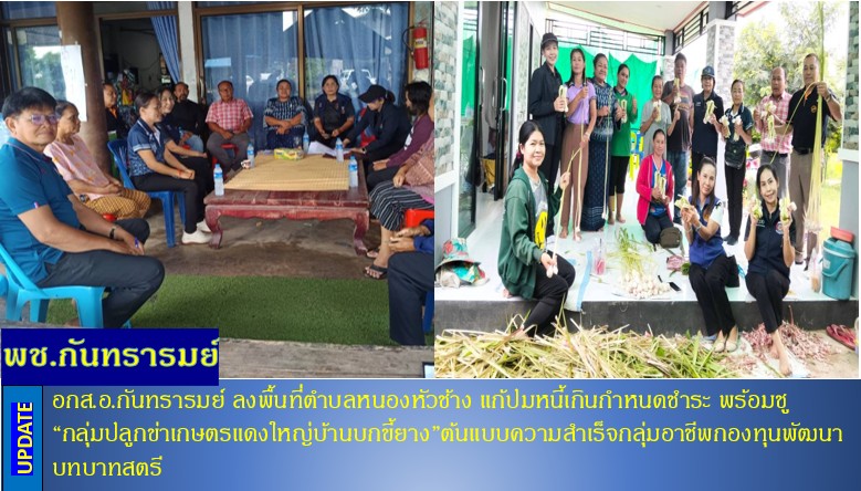 อกส.อ.กันทรารมย์ ลงพื้นที่ตำบลหนองหัวช้าง แก้ปมหนี้เกินกำหนดชำระ พร้อมชู “กลุ่มปลูกข่าเกษตรแดงใหญ่บ้านบกขี้ยาง”ต้นแบบความสำเร็จกลุ่มอาชีพกองทุนพัฒนาบทบาทสตรี